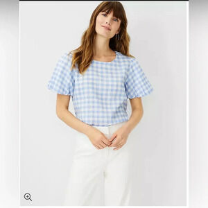 Ann Taylor Gingham Bubble Sleeve Top in blue and white check seersucker blouse